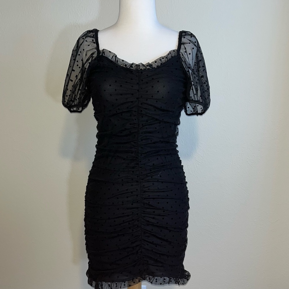 Textured Mesh Puff Sleeve Mini Dress